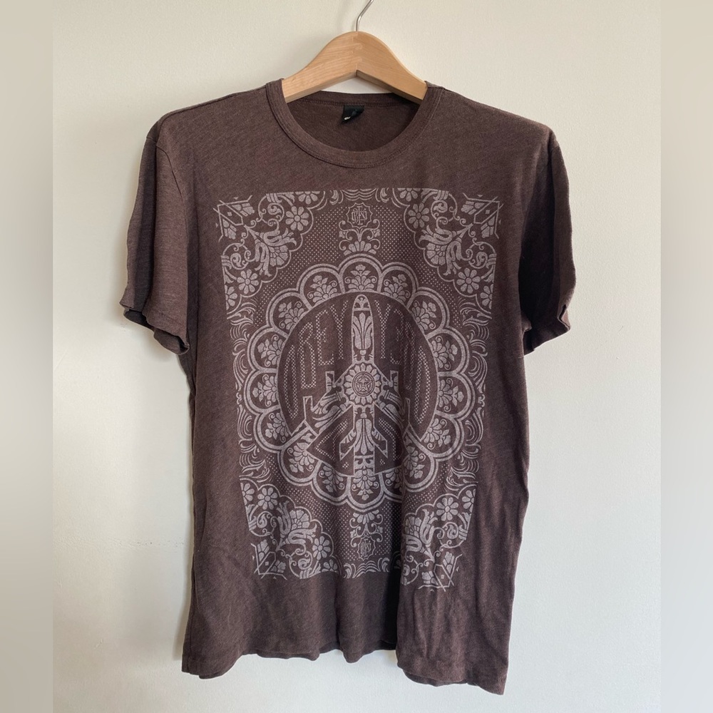 RARE OBEY Super Soft Brown Peace Sign Bomber Tee Shirt L Shepard Fairey